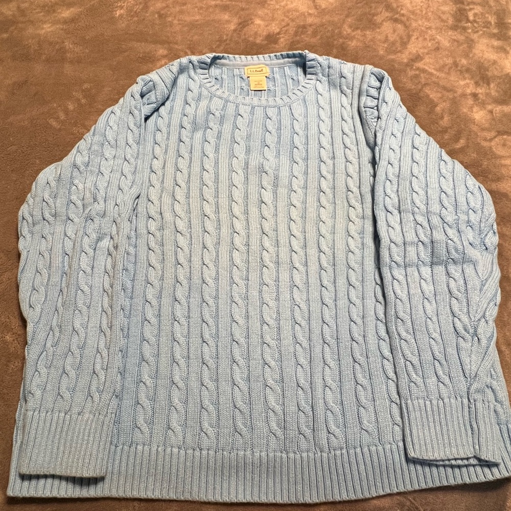 LL Bean Light Blue Cable Knit Sweater 100% Cotton